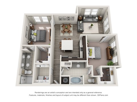 Floor plan for 2 beds, 2 baths, 1197 sqft